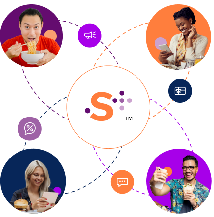 Customer loyalty program design. In the centre of the design is the Spoonity logo. The surrounding pictures show kids enjoying your brand's loyalty programme.