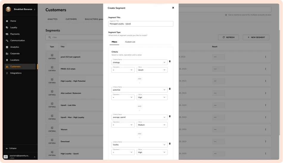 Customer Dashboard from Spoonity website - Marketing automation to create segment