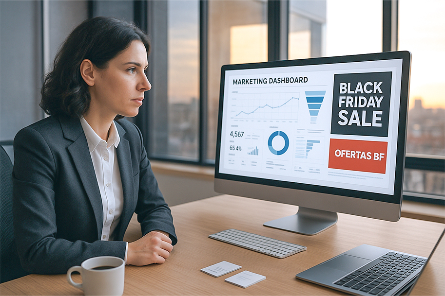Gerente de Marketing analizando dashboard de campañas de black friday