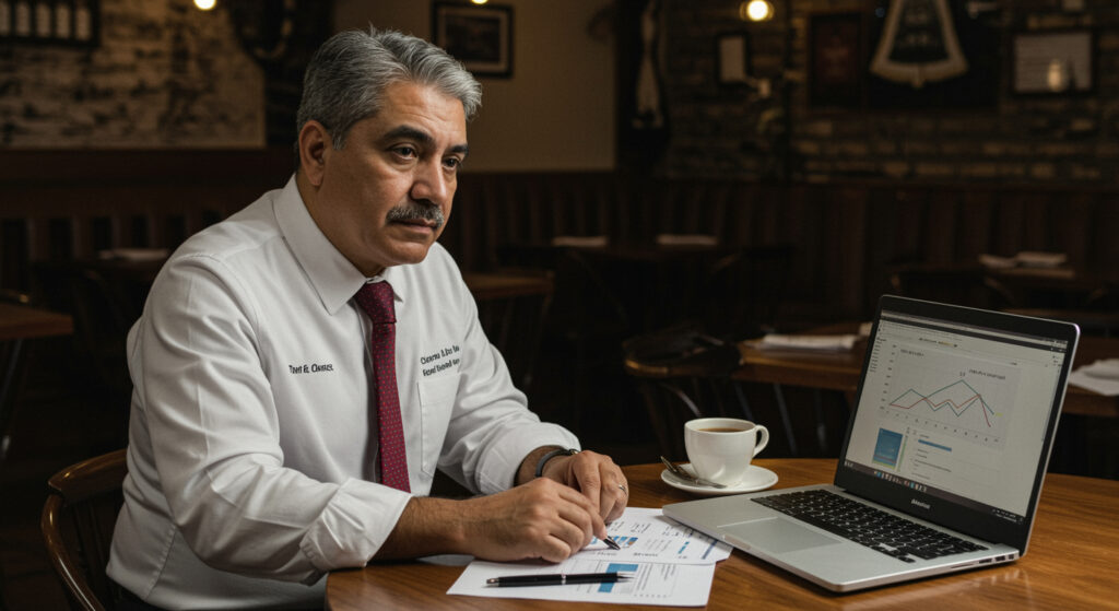 Imagen 1 Contexto Presio N Econo Mica Gerente de restaurante analizando cifras de consumo y costos en un entorno inflacionario en México.