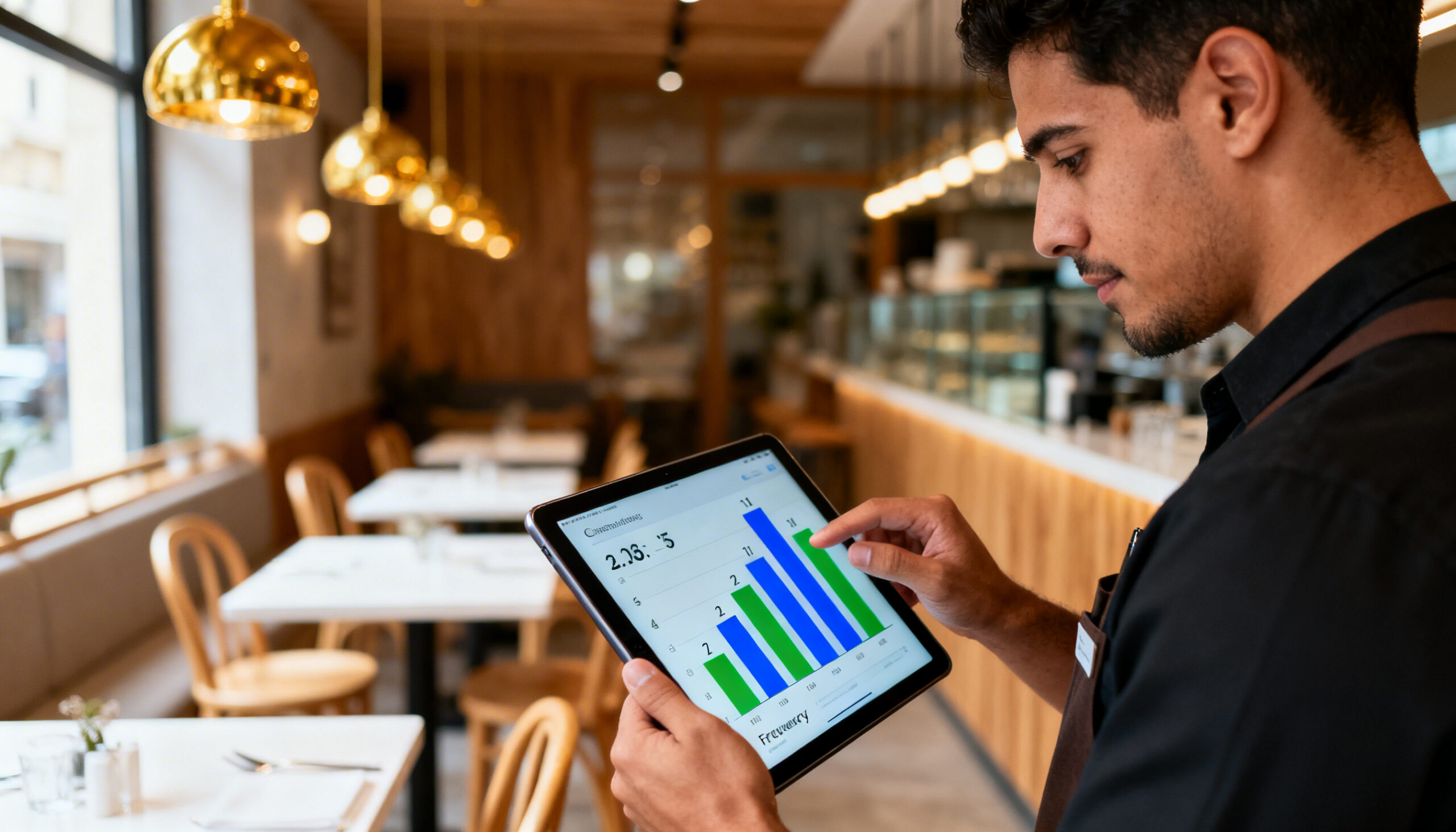 Gerente de restaurante revisando métricas de rentabilidad en tablet para calcular el ROI de su programa de lealtad.