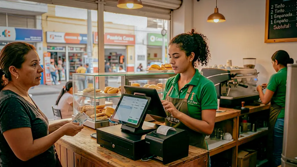Cajero operando un punto de venta en una cadena de restaurantes sin integración con el programa de fidelización.