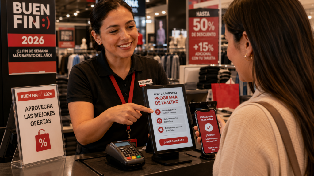 Cajero En Tienda Retail Invitando Al Cliente A Unirse Al Programa De Fidelizacio N Durante El Buen Fin 2026