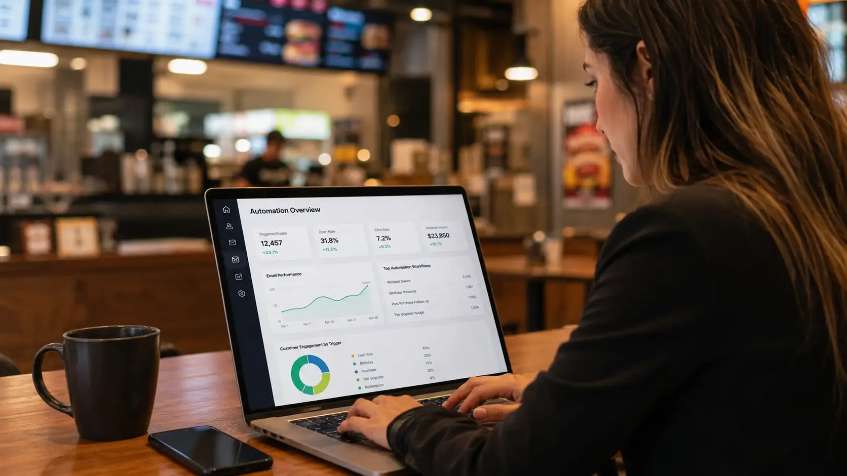 Marketing manager reviewing a customer loyalty automation dashboard on a laptop inside a restaurant, using real-time customer data and marketing automation to optimize engagement.