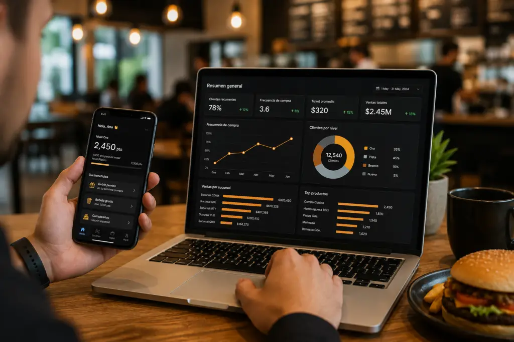 Analítica transaccional y programa de lealtad digital para analizar la frecuencia de compra, retención y comportamiento de clientes.