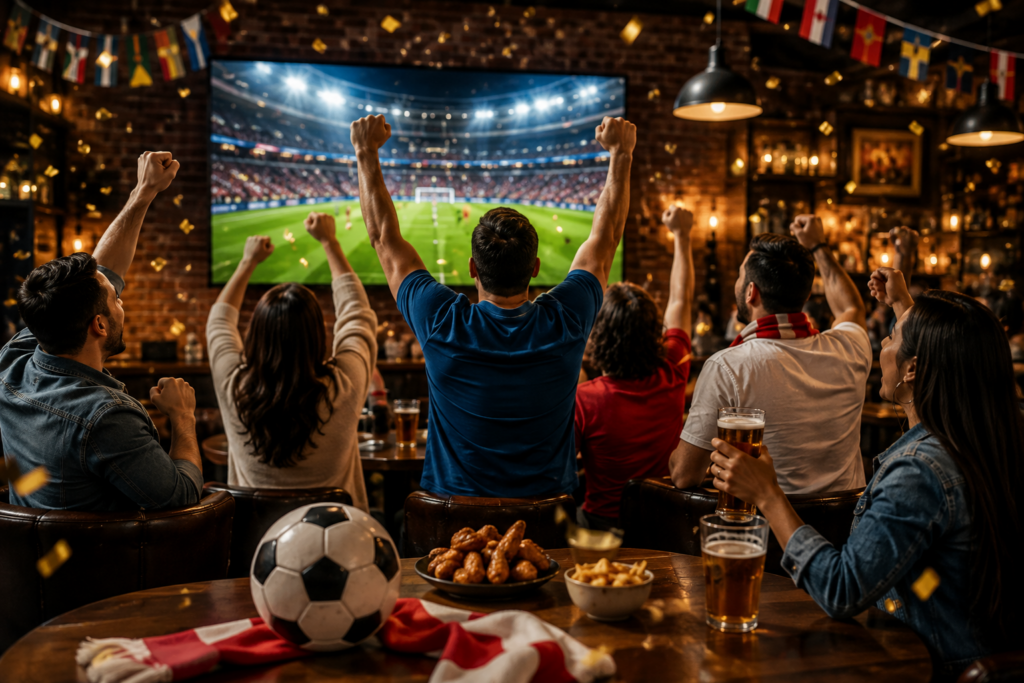 Soccer fans celebrating a World Cup match at a restaurant, representing loyalty programs that drive repeat visits and customer engagement.