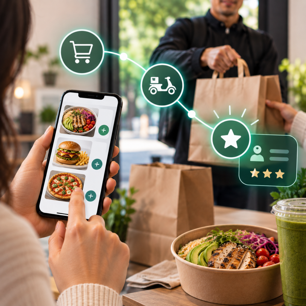Cliente realizando un pedido digital conectado con un programa de lealtad para acumular beneficios y unificar su experiencia de delivery.