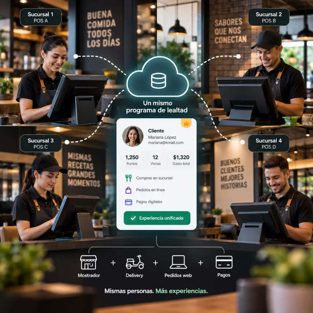 Red de franquicias con distintos puntos de venta conectados a un mismo programa de lealtad para unificar la experiencia del cliente entre sucursales.
