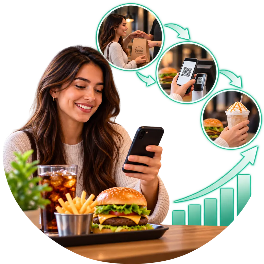 Cliente recurrente en restaurante con distintas interacciones de compra y lealtad que representan el aumento en frecuencia de visitas y su impacto en el crecimiento.