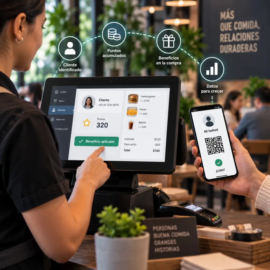Punto de venta integrado con un programa de lealtad que identifica al cliente, acumula puntos, aplica beneficios y conecta los datos de la transacción.