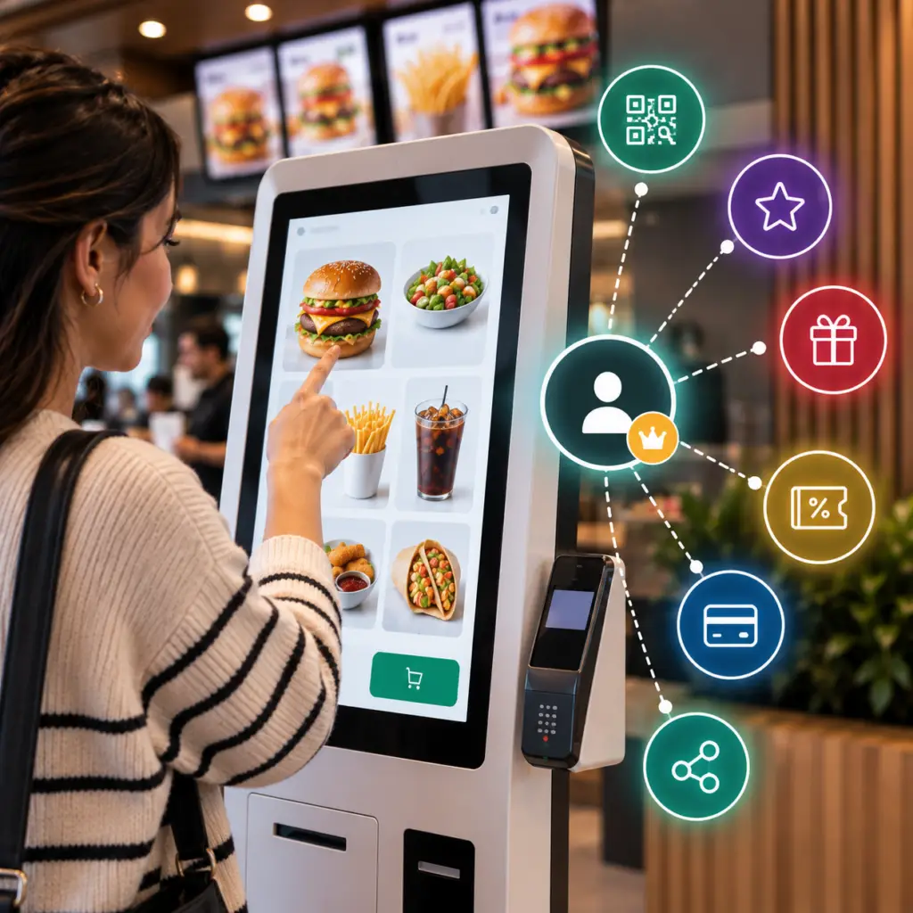 Cliente utilizando un kiosco de autoservicio en un restaurante QSR conectado con funciones de identificación, puntos, recompensas, cupones y pagos del programa de lealtad.