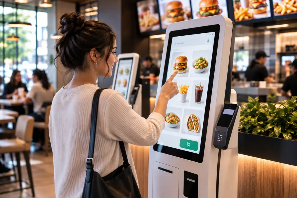 Cliente identificándose en un kiosco de autoservicio de un restaurante de servicio rápido para acumular puntos de lealtad