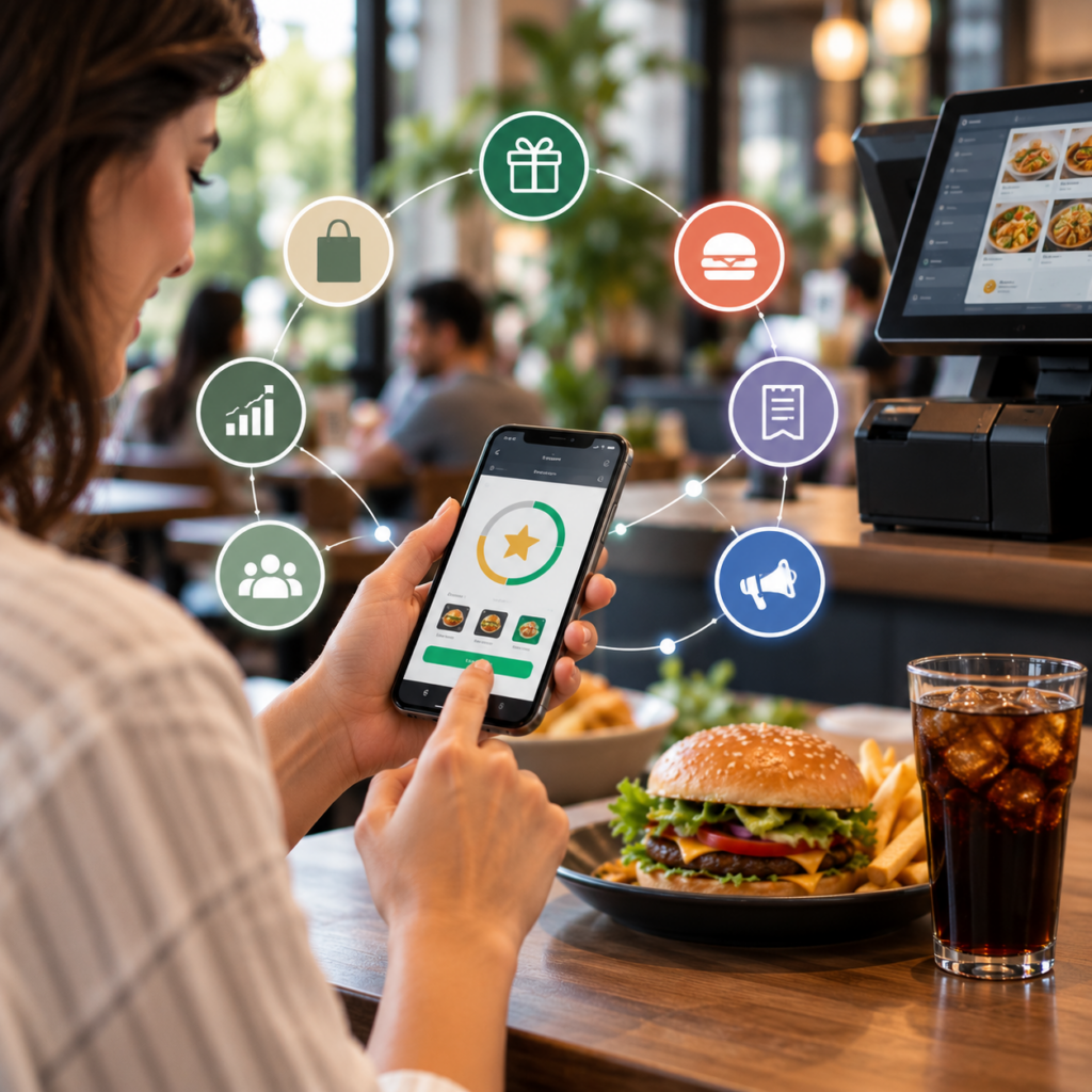 Cliente utilizando un programa de lealtad digital conectado al POS de un restaurante para acceder a recompensas y promociones personalizadas.