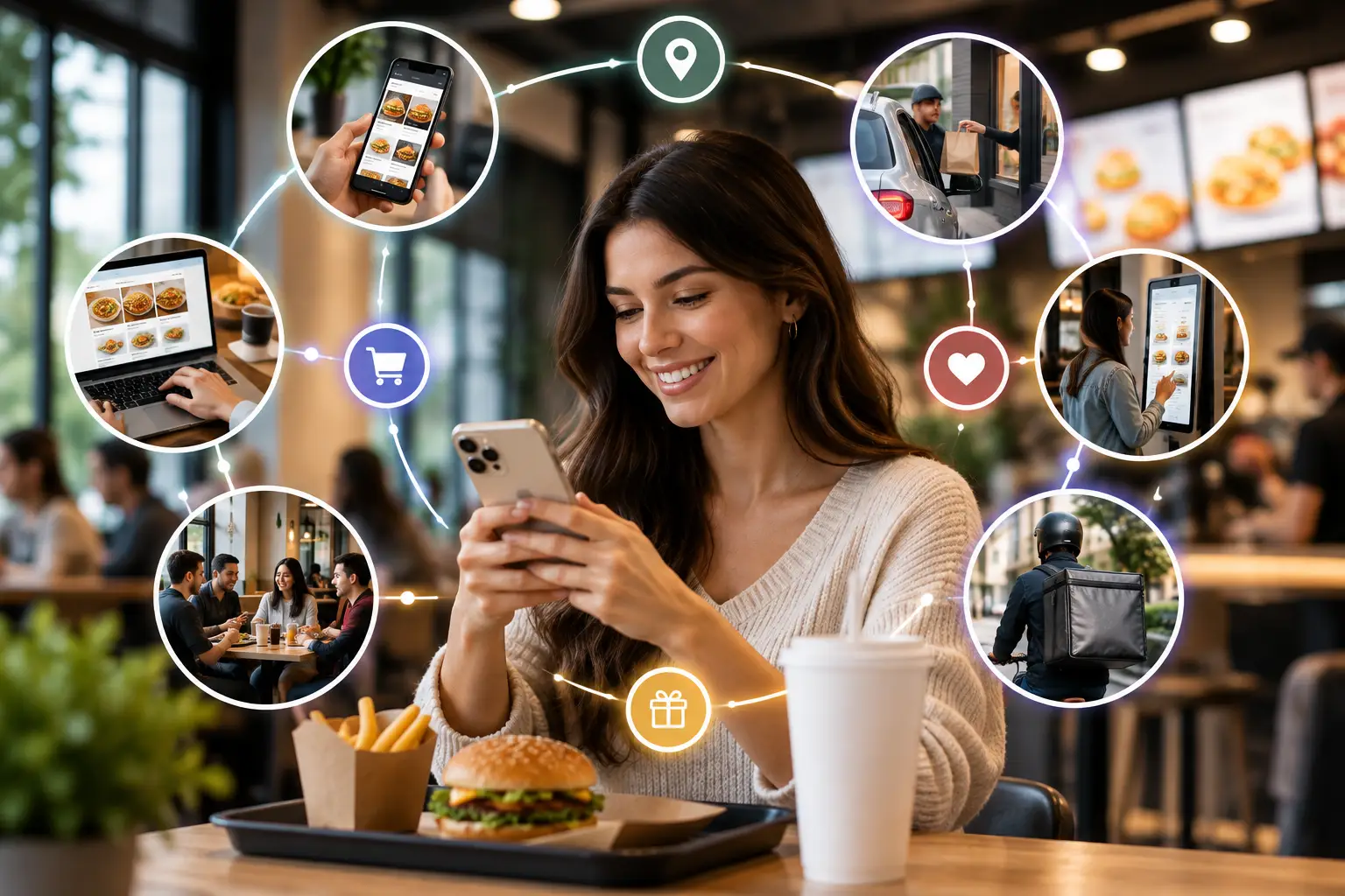 Consumidora interactuando con una marca de restaurante a través de distintos puntos de contacto digitales y físicos en una estrategia omnicanal de lealtad.