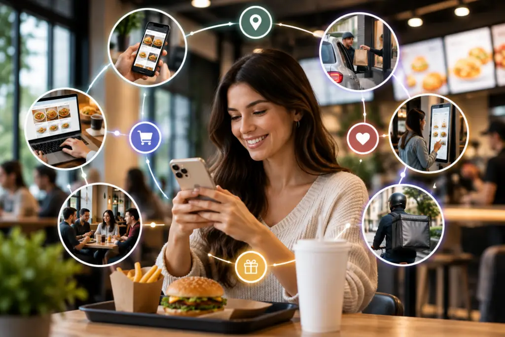 Customer interacting with a restaurant brand across digital and physical touchpoints as part of an omnichannel loyalty strategy.
