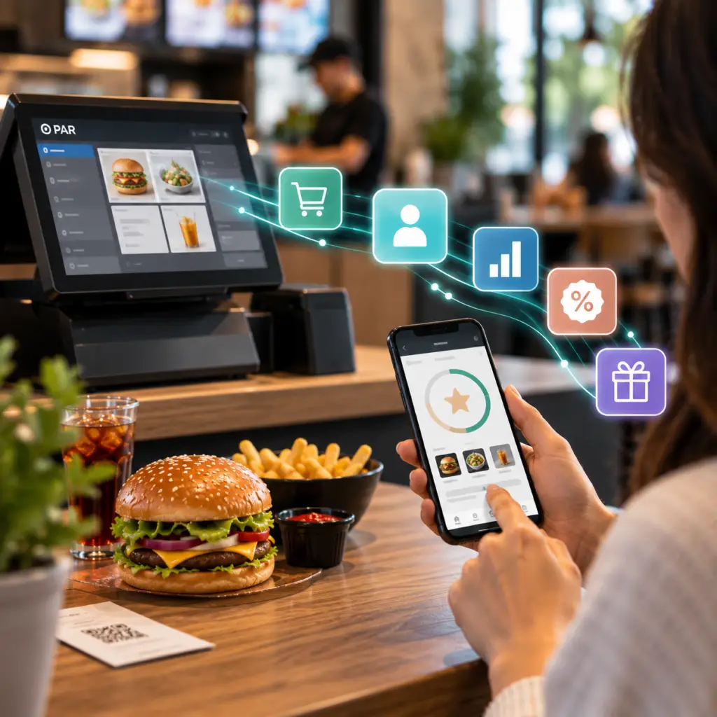 Integración de PAR PixelPoint con un programa de lealtad que conecta transacciones, datos de clientes, promociones y recompensas en restaurantes.