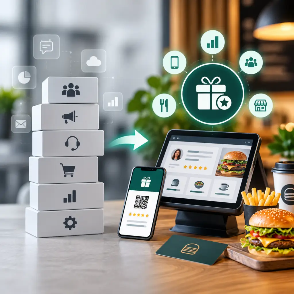 Comparación visual entre una plataforma empresarial con múltiples funcionalidades y una solución especializada en lealtad para restaurantes.