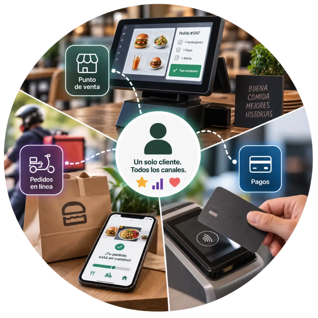 Punto de venta, pagos y pedidos en línea conectados a un mismo perfil de cliente para integrar la lealtad omnicanal en restaurantes.