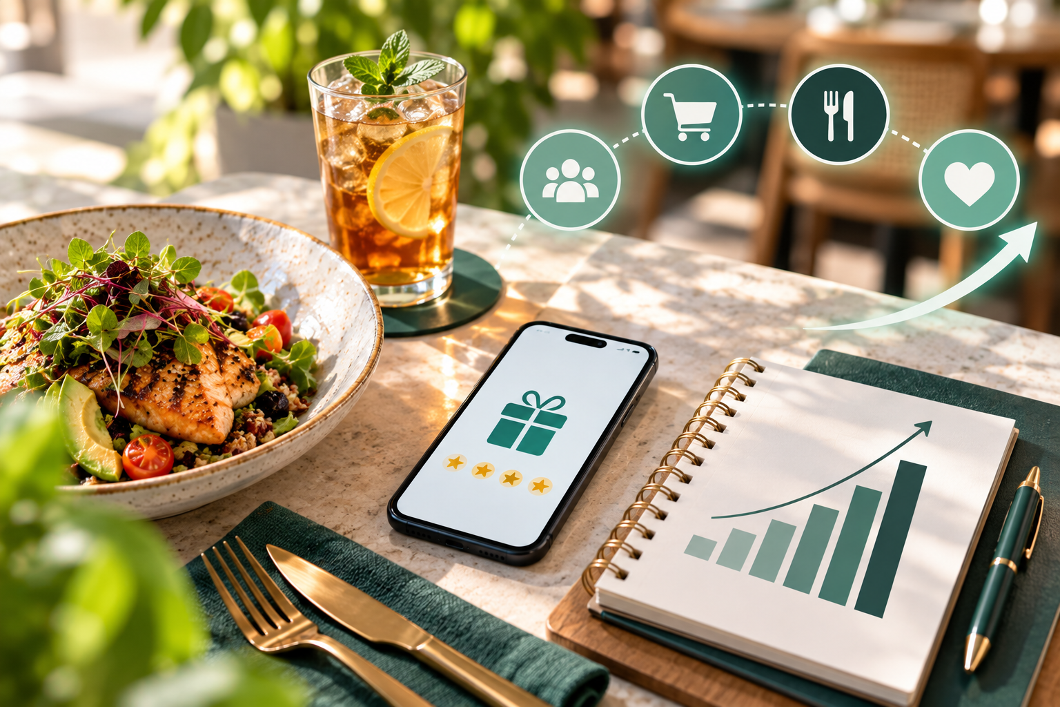 Programa de lealtad para restaurantes conectado con datos de clientes, recompensas, frecuencia de compra y crecimiento.