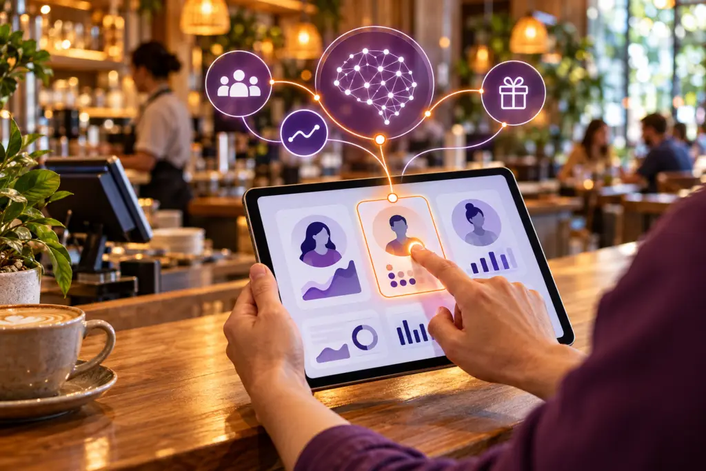 A person checking customer data on a tablet, with artificial intelligence and reward icons, at a restaurant.