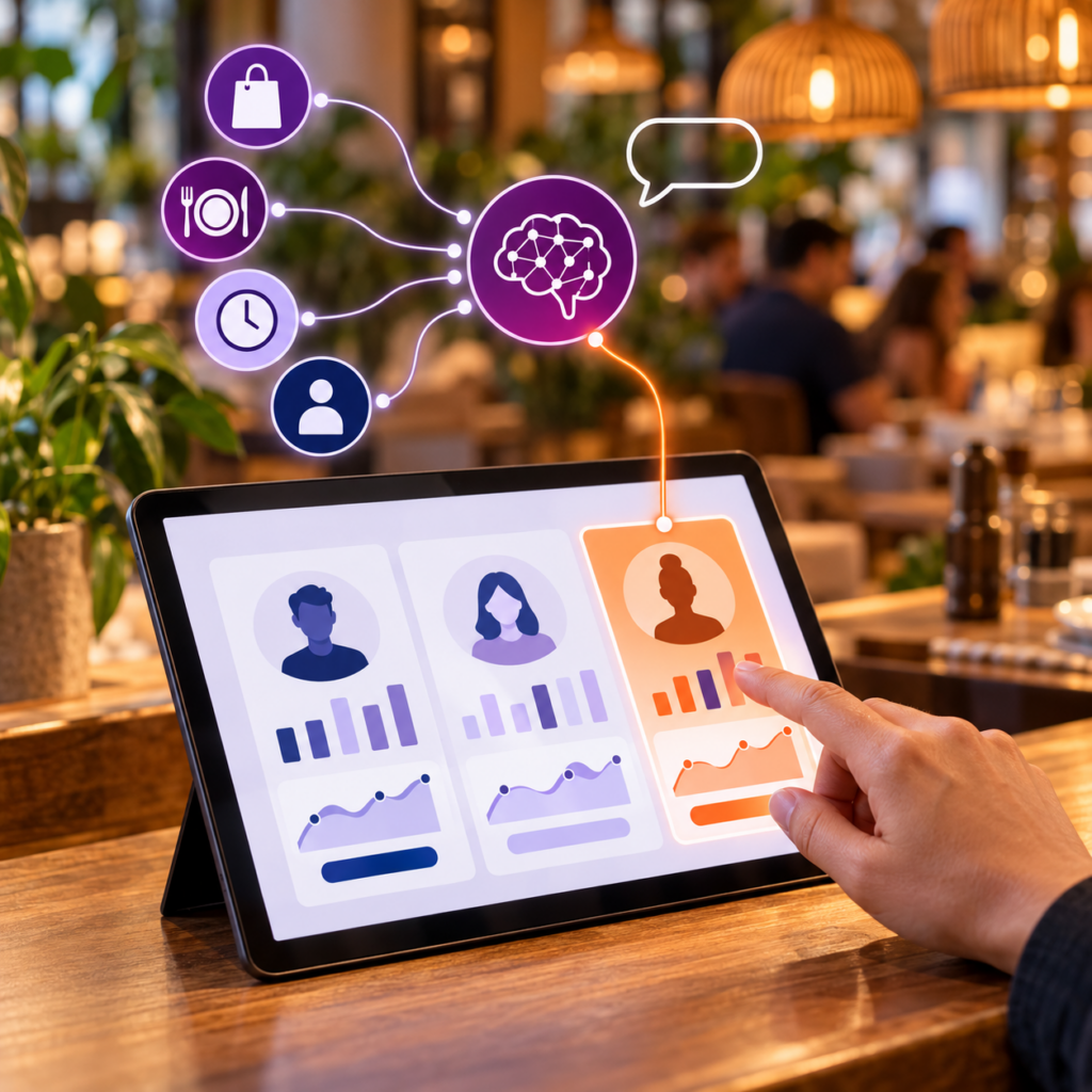 Hand selecting a customer profile on a tablet, with data icons connected to an artificial intelligence brain in a restaurant.